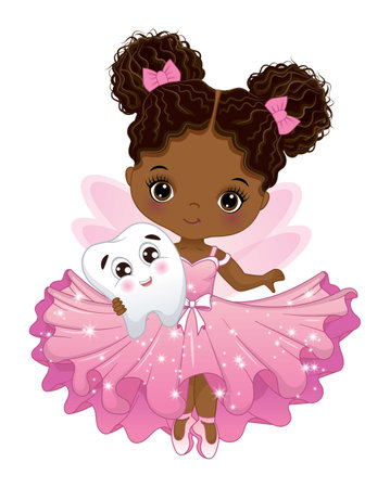 Vector Cute African American Tooth Fairy with Toothのイラスト素材