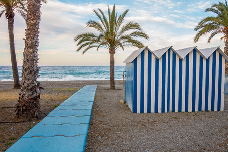 Booths and chiringuitos of Andalusian beaches one summer morningの写真素材