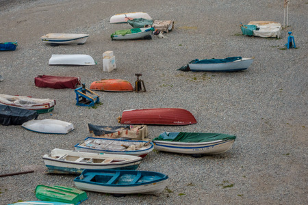 Colorful fishing boats on the sand of the mediterranean beachのeditorial素材