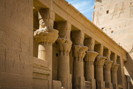 Egypt. Columns in the Temple of Philae, Temple of Isis. Nile