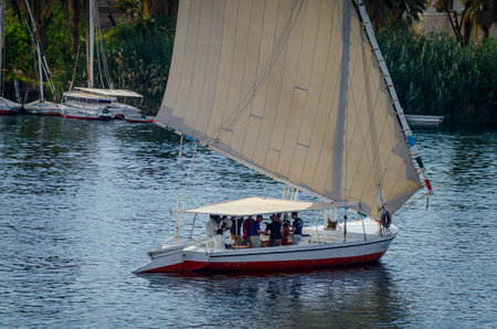 Tourists in a pleasure boat on the Nile. Egypt in April 2019.