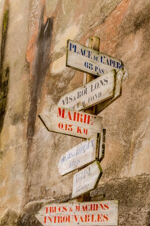 Wooden signposts in Auray, municipality of France, in the department of Morbihan, in the Brittany region.の写真素材