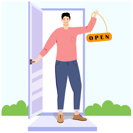 Smiling man holding a sign open in his handのイラスト素材