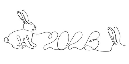 Sketch drawing of the inscription 2023 and the contour silhouette of a hare, rabbit, ears,...