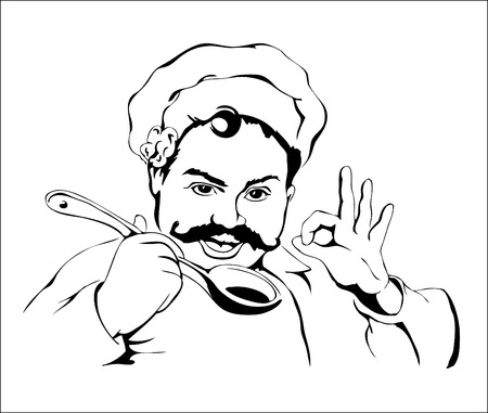 Vector illustration of chef with mustache holding a ladle in one hand. Cook with a white uniform on a white background. Smiling chef.のイラスト素材