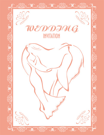 Wedding invitation with abstract figures of man and woman forming a heart. Vintage floral elements. Vector illustration.のイラスト素材