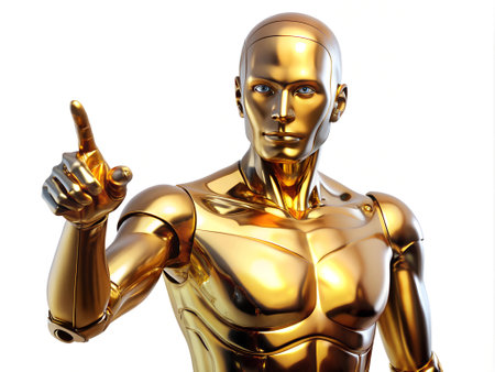 Golden robot points forward and isolated on a white background. 3D rendering, 3D illustration.の素材
