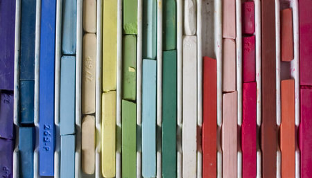 Rainbow of colorful oil pastels, art suppliesの写真素材