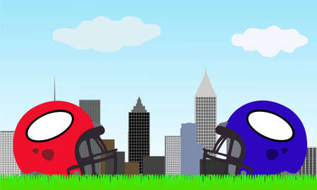 Two football helmets with city skyline.のイラスト素材