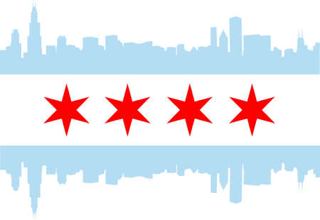 City of Chicago flag with high rise buildings skylineのイラスト素材