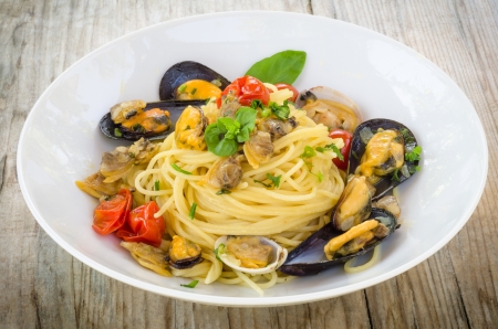 Spaghetti with mussels and clamsの写真素材