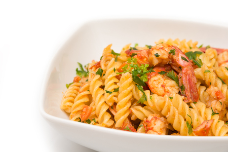Fusilli with shrimps and tomato sauceの写真素材