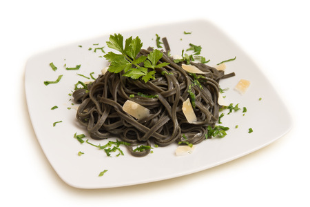 Noodles with squid ink, Italian Pastaの写真素材