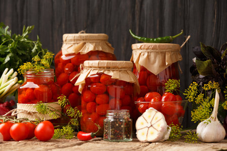 Canned tomatoes in closed jars with spices on a wooden background. Harvesting tomatoes for the winter. Canning tomatoes with garlic, pepper, dill and basil.の写真素材