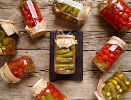 Canned cucumbers and tomato in glass jars on an old wooden background top view. Canned cherry tomatoes and carnishons on a wooden background.の写真素材