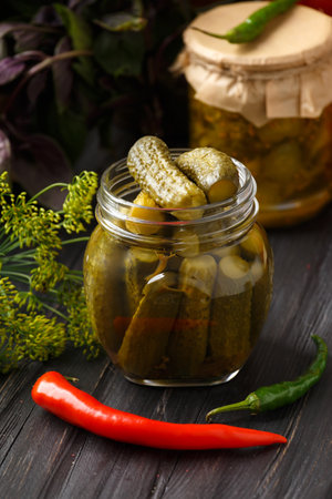 Pickled cucumbers in a jars on a dark wooden background. Homemade marinated cucumbers. Pickled cucumber salad in a jar.の写真素材