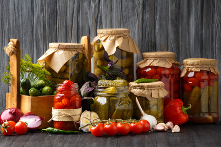 Pickled cucumbers in a jar, a wooden box with preservation on a dark wooden background. Peppers, onions and fresh gherkins for preservation. Cucumber salad.の写真素材