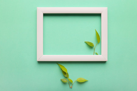 White frame and sprout on a fresh green background .. Mock up photo frame. Save the planet consept, eco friendly lifestyle.の写真素材