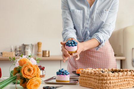 handmade soap. Home made soap look like cake with berries on light background. Natural homemade cosmetics and handmade soaps concept. The girl is holding a homemade muffin in her handsの写真素材