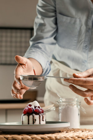 A girl in an apron in the kitchen sprinkles sugar on a cupcake. The housewife is preparing a cupcake. Cooking baking in the kitchen.の写真素材