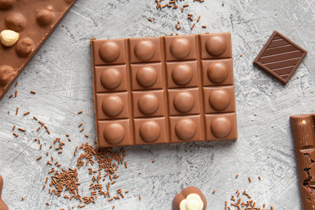 Milk chocolate bars of different sizes, sweets, chocolate chips on a gray background top view. Handmade chocolate with hazelnuts close-up. Calorie foods.の写真素材