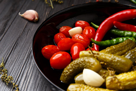 Assorted pickled vegetables. Canned tomatoes, cucumbers, chili peppers in a round black plate on a dark background. appetizer of canned vegetables. home preservation.の写真素材