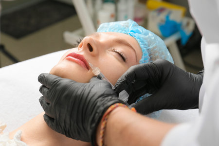 Beauty treatments by a beautician close up. The concept of improving the appearance. Lip...