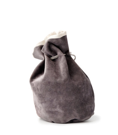 Gray suede bag with drawstring isolated on white background.の写真素材