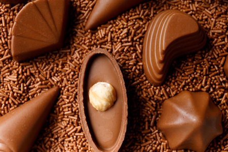 Beautifully shaped dark chocolate sweets dipped in chocolate chips close-up, chocolate candy making concept, chocolate background.の写真素材