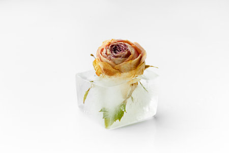 Conceptual composition rose bud in ice cube, rose flower in ice.の写真素材