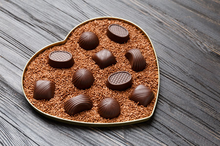 Chocolate candies in chocolate chips in a heart-shaped box on a dark wooden background top view, Valentine's Day.の写真素材