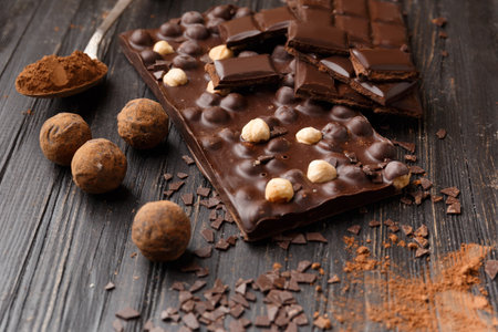 Handmade chocolate with hazelnuts, dark chocolate pieces, cocoa in a vintage spoon, chocolate truffles on a dark wooden background. Chocolate variety concept.の写真素材