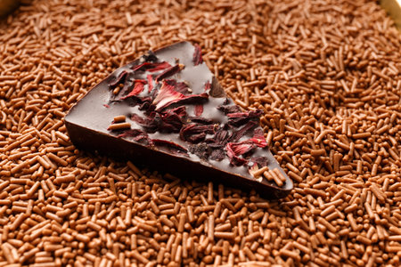 chocolate background. A piece of chocolate pizza lies in a chocolate crumb close-up. The concept of confectionery.の写真素材