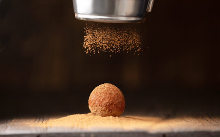 A ball of chocolate truffle is sprinkled with cocoa from a sieve on a dark background close-up. Chocolate sweets handmade. Conceptual photo of an exquisite truffle.の写真素材