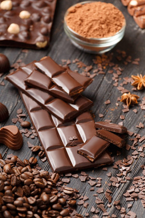 Chocolate, cocoa powder, chocolate chips, cinnamon, star anise on a dark wooden background. Handmade...