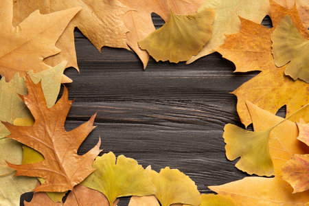 Colorful autumn leaves on wooden background, flat lay, copy space. Background from yellow autumn...