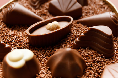 Beautifully shaped milk chocolate sweets dipped in chocolate chips close-up, chocolate candy making concept, chocolate background.の写真素材