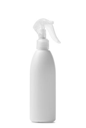 White plastic spray bottle for household chemicals, detergents, cleaners, disinfectants, antiseptic, isolated on white. Mock-up for packaging, container for liquid detergents.の写真素材