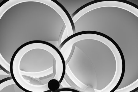 Luminous modern LED ring lamp on the ceiling. bottom view.の写真素材