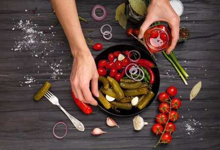 Pickled cherry tomatoes, gherkins cucumbers in a black plate and girl's hands lay out vegetables on a dark wooden background top view.の写真素材