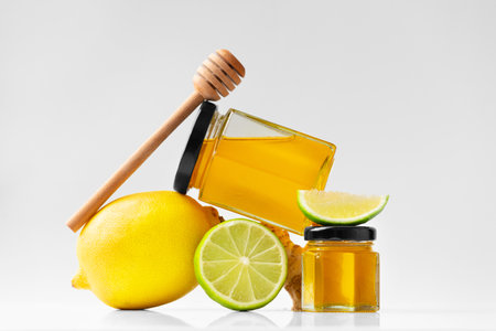 Conceptual composition of honey in a closed jar, dipper, lemon, lime and ginger on a white background. Still life of citrus fruits and honey. The concept of organic products.の写真素材