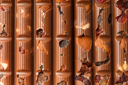 Chocolate background. Milk chocolate with almonds, raisins, dry berries close-up as a background.