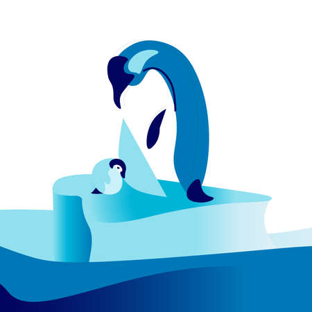 A parent penguin and his baby penguin on an ice floe in the ocean. Nature protection, global warming.のイラスト素材