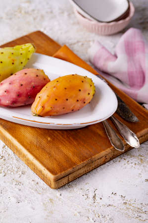 Top view of a cactus figs on the white plateの写真素材