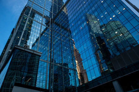 Modern business center in Moscow city. Modern urban architecture, glass skyscraper on a clear...