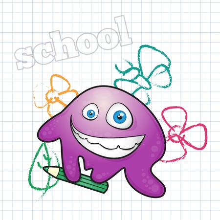 funny cartoon monsters on the background of notebook sheet with pencilのイラスト素材