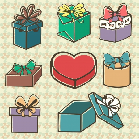 set of colored painted gift boxes with bow, ribbon in retro styleのイラスト素材