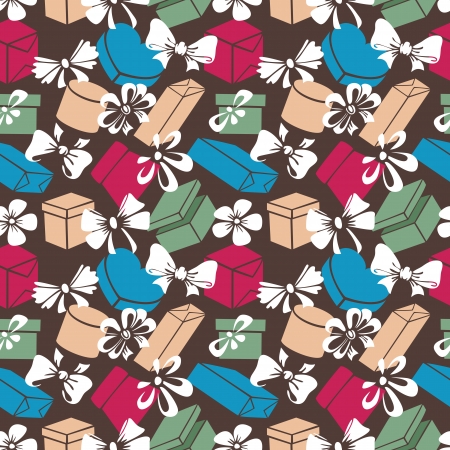 Seamless pattern of colored painted gift boxes with bow, ribbon in retro styleのイラスト素材