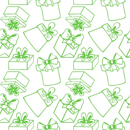 Seamless pattern of painted gift boxes with bow, ribbon, contoursのイラスト素材