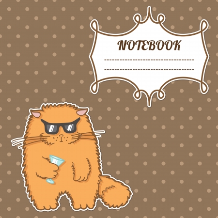 cover notebook with a frame for a name and a funny cat with glassesのイラスト素材